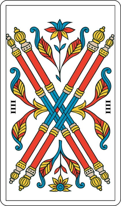 Vier der Stäbe (Le Quatre de Bâton), kleine Arkankarte der Farbe Stäbe im Marseille-Tarot