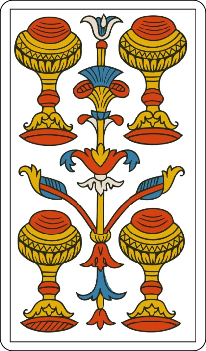 Il Quattro di Coppe (Le Quatre de Coupe), lama minore del seme di Coppe nei Tarocchi di Marsiglia