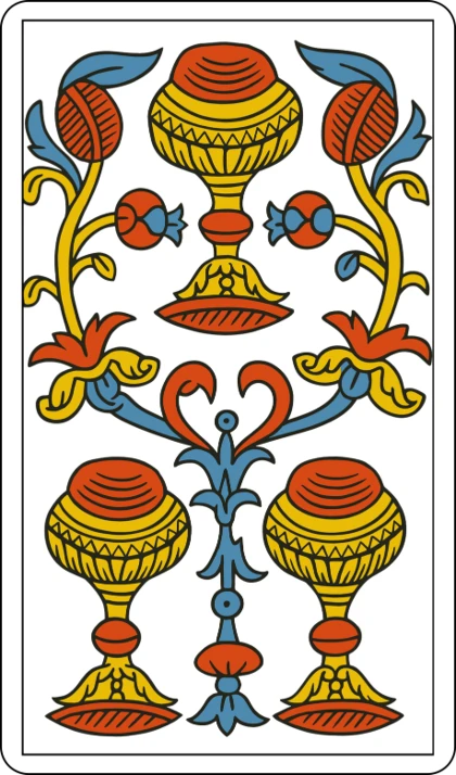 El Tres de Copas (Le Trois de Coupe), arcano menor del palo de Copas en el Tarot de Marsella