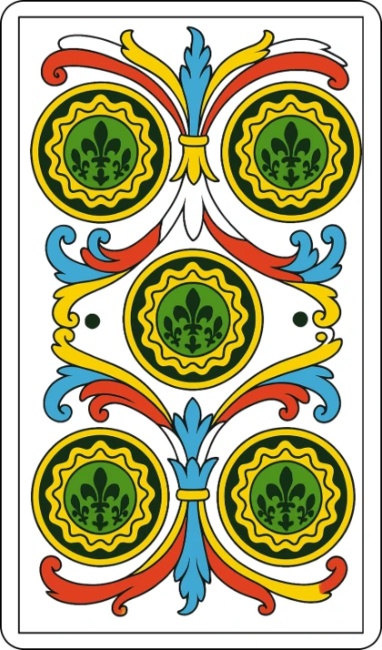 El Cinco de Oros (Le Cinq de Deniers), arcano menor del palo de Oros en el Tarot de Marsella