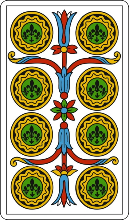 Le Huit de Deniers, lame mineure de l’enseigne des Deniers au Tarot de Marseille