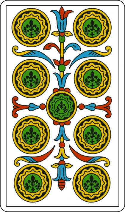 Le Neuf de Deniers, lame mineure de l’enseigne des Deniers au Tarot de Marseille