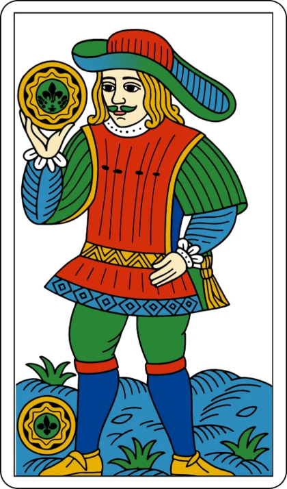 La Sota de Oros (Le Valet de Deniers), arcano menor del palo de Oros en el Tarot de Marsella