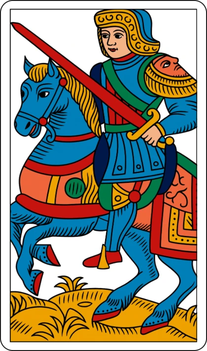 El Caballo de Espadas (Le Cavalier d'Épée), arcano menor del palo de Espadas en el Tarot de Marsella
