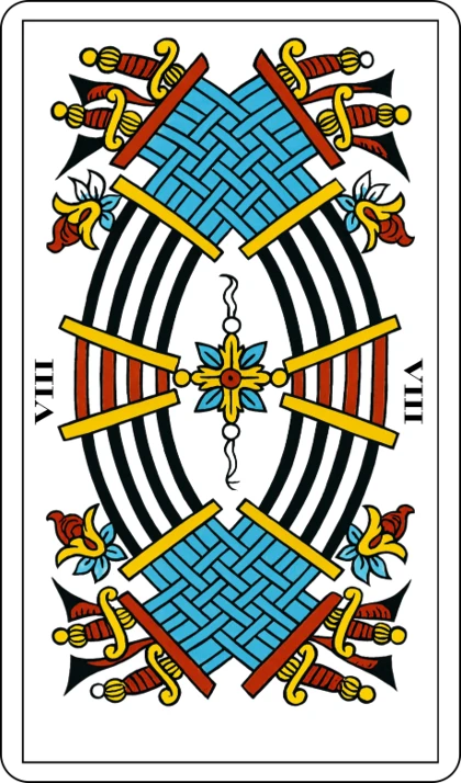 El Ocho de Espadas (Le Huit d'Épée), arcano menor del palo de Espadas en el Tarot de Marsella