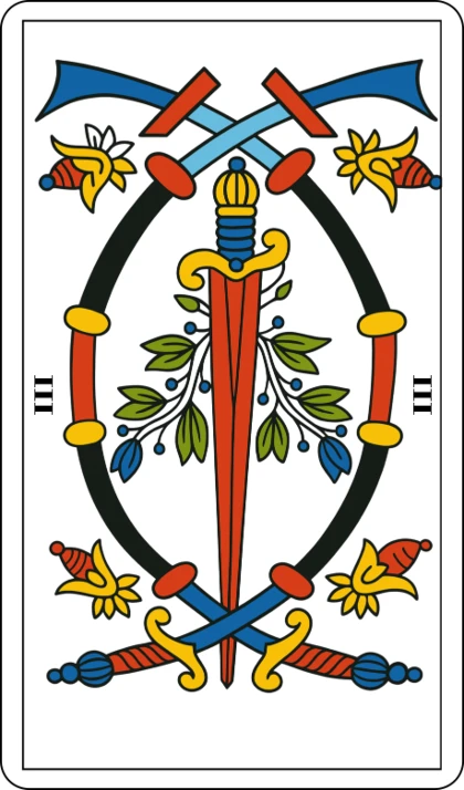 Le Trois d'Épée, lame mineure de l’enseigne des Épées au Tarot de Marseille